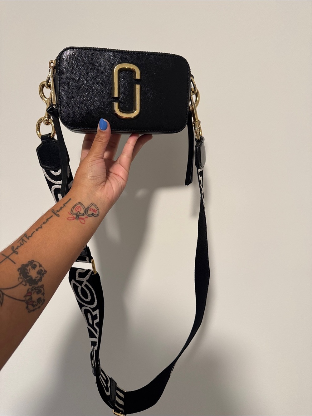 Marc Jacobs Black Saffiano Crossbody with Gold Double-J Hardware and Logo Strap